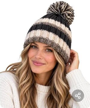 𝅺Turtle Fur Beanie Adult Knit Winter Cap with Pom Fleece Lined Black Striped